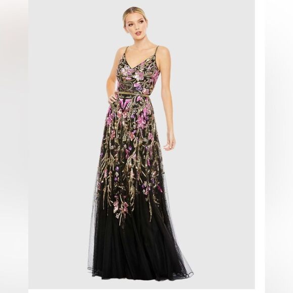 NWT Mac Duggal Black V Neck Floral Embellished Spaghetti Strap Gown dress Sz 2 - Picture 2 of 14